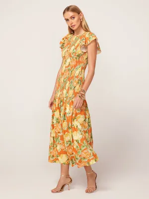Jemima Apricot Painted Floral Print Shirred Maxi Dress