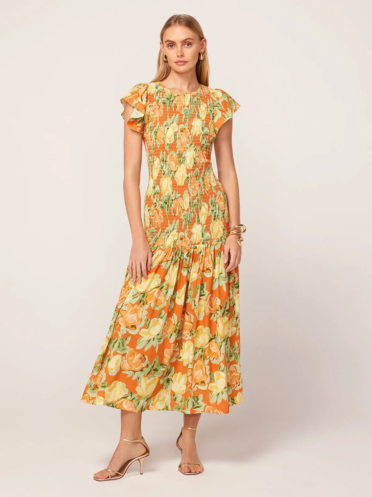 Jemima Apricot Painted Floral Print Shirred Maxi Dress