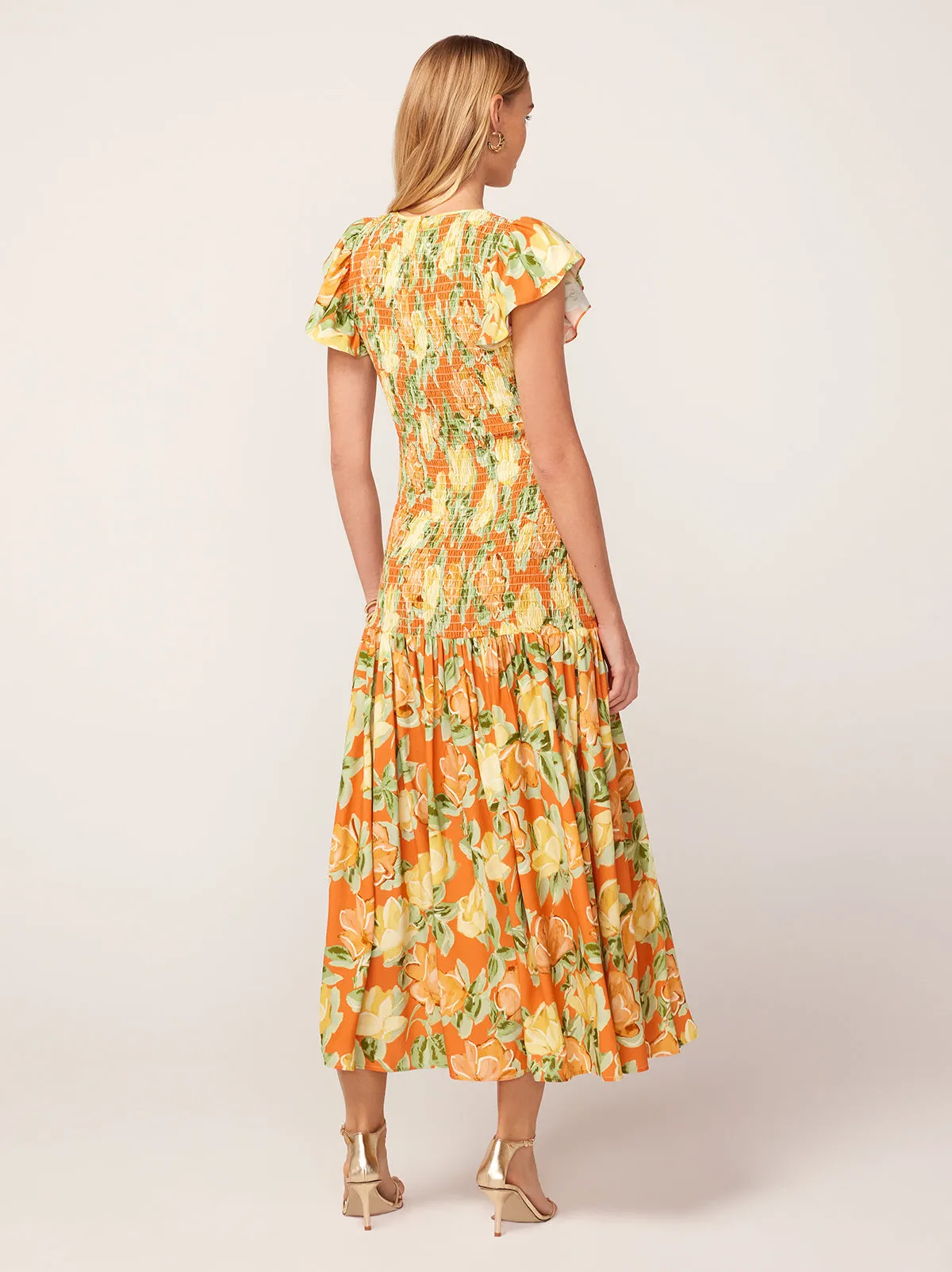 Jemima Apricot Painted Floral Print Shirred Maxi Dress