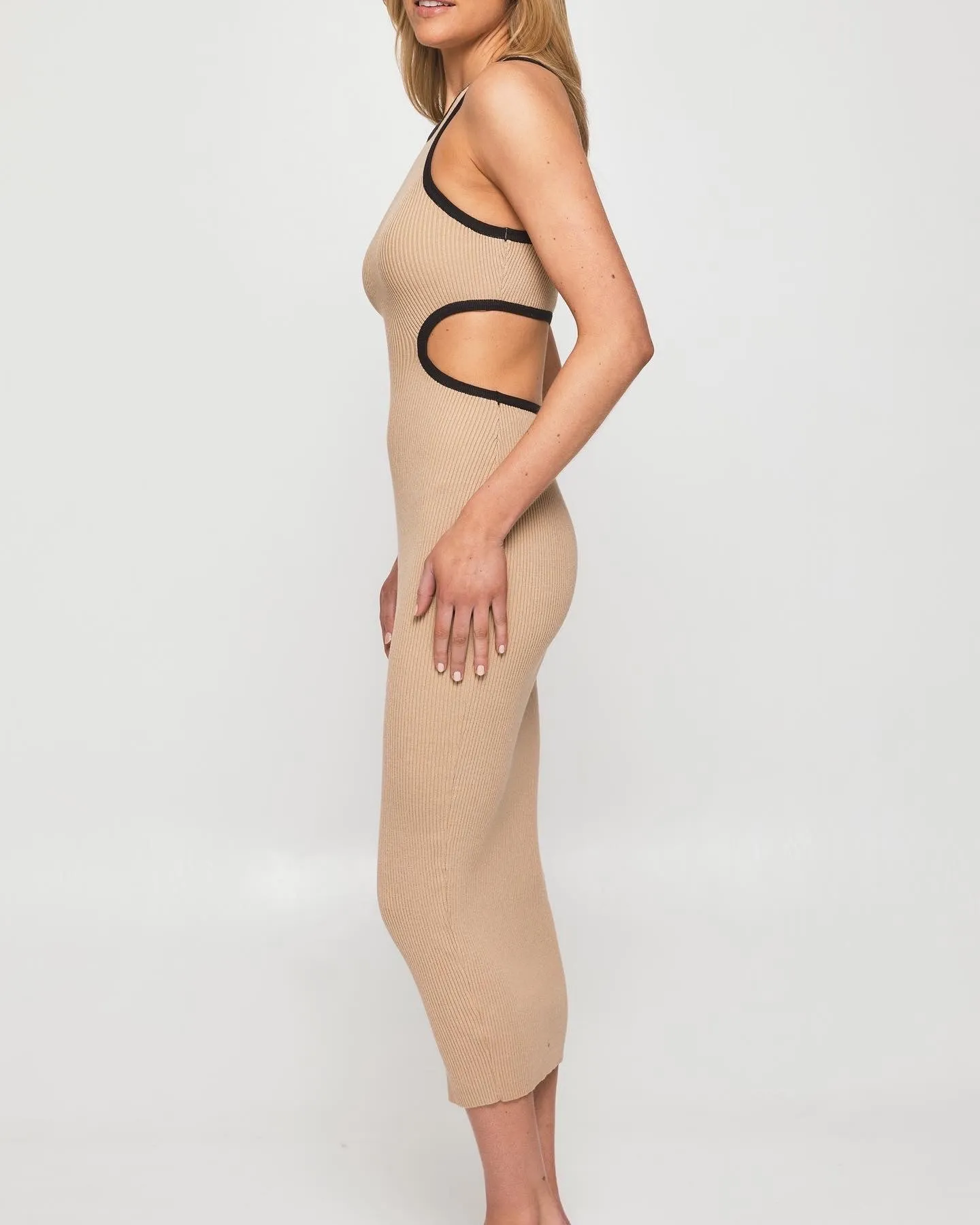 Joy cut out dress- Taupe midi length knit dress