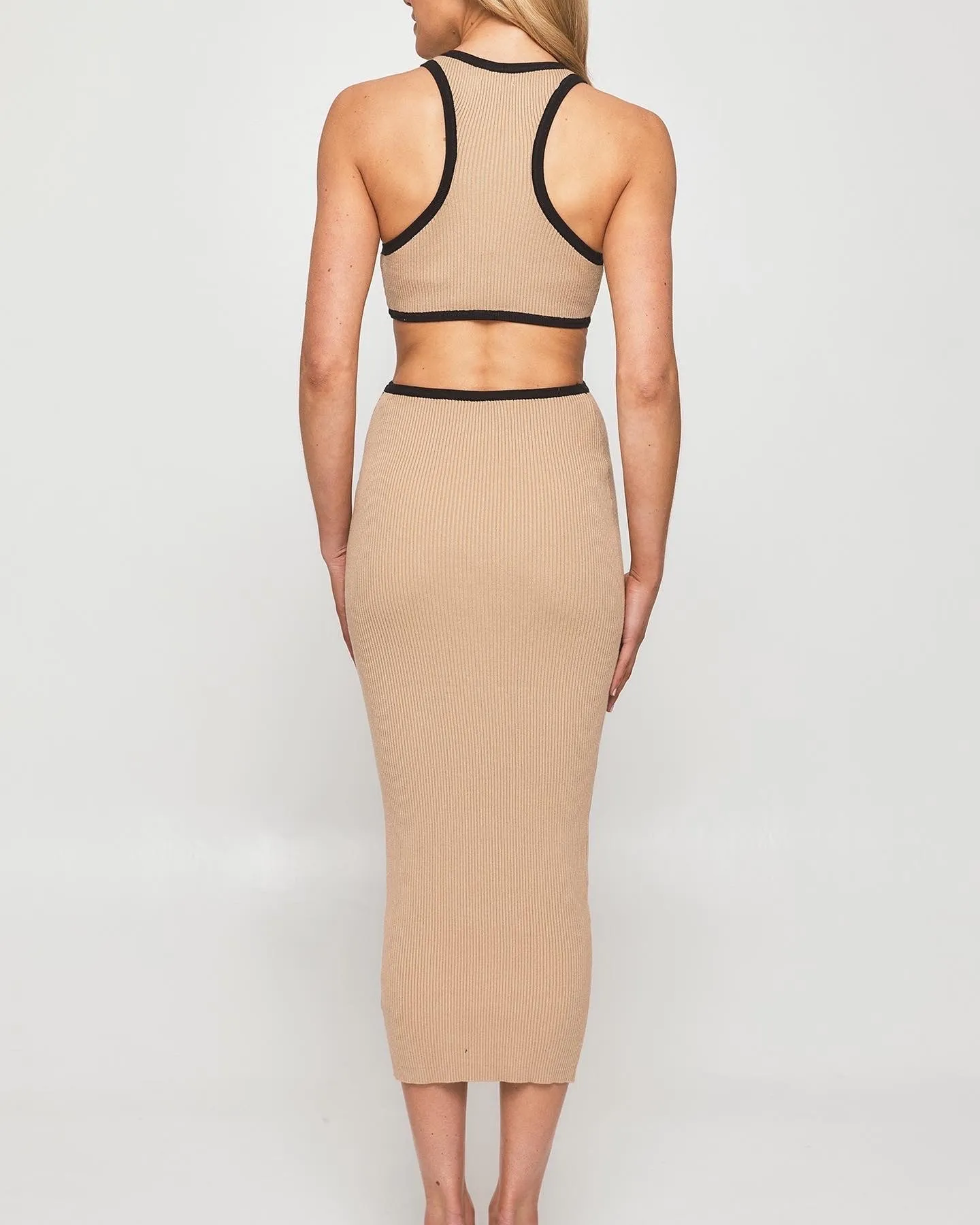 Joy cut out dress- Taupe midi length knit dress
