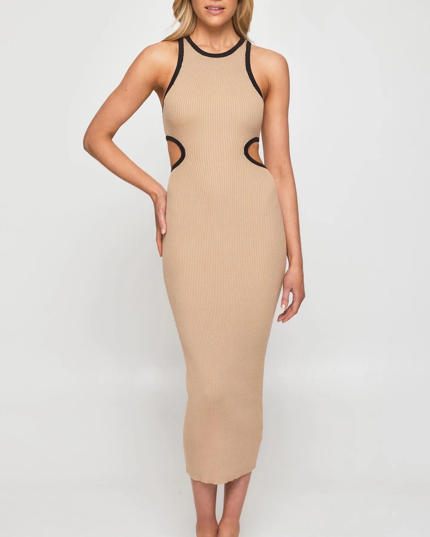 Joy cut out dress- Taupe midi length knit dress