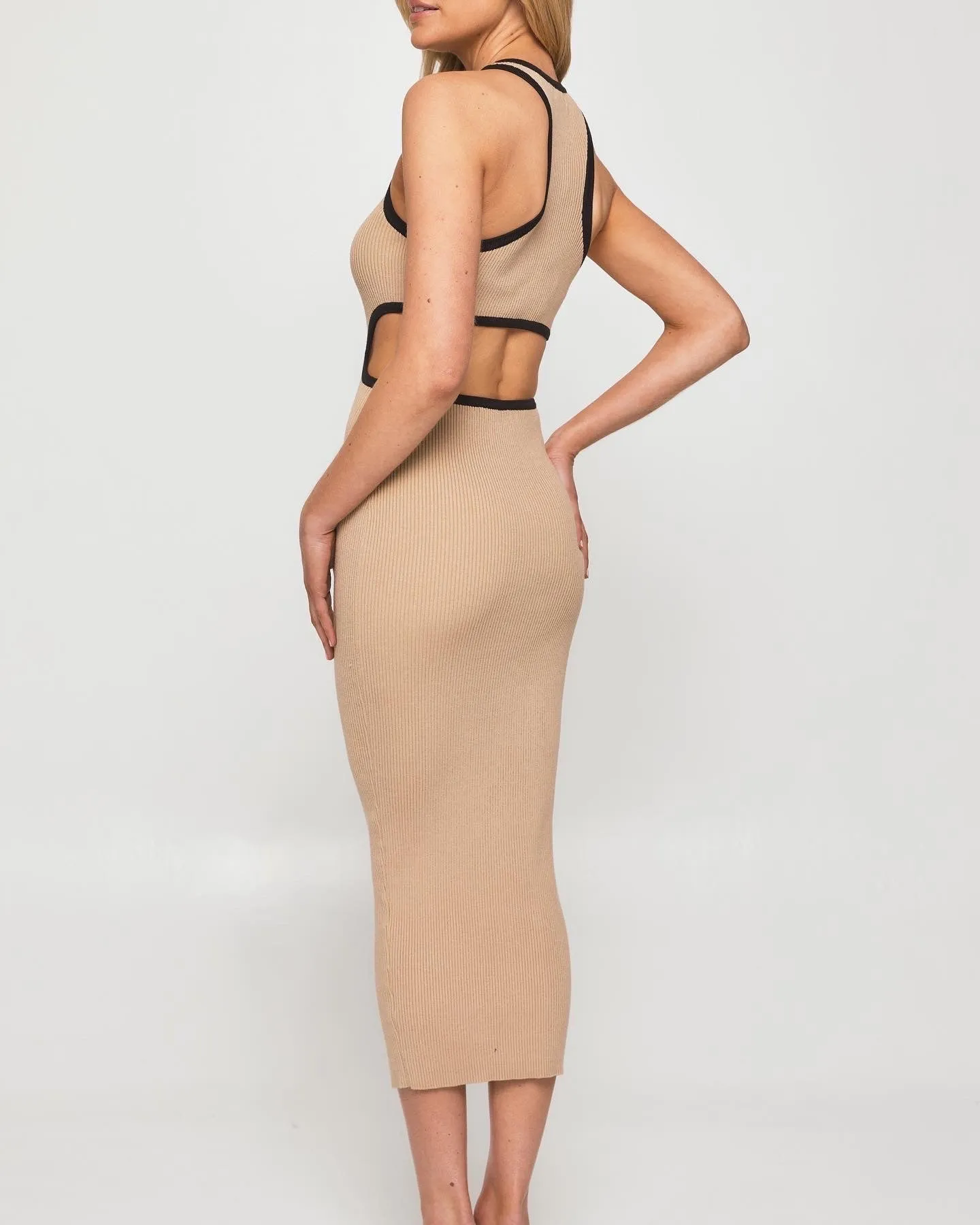 Joy cut out dress- Taupe midi length knit dress