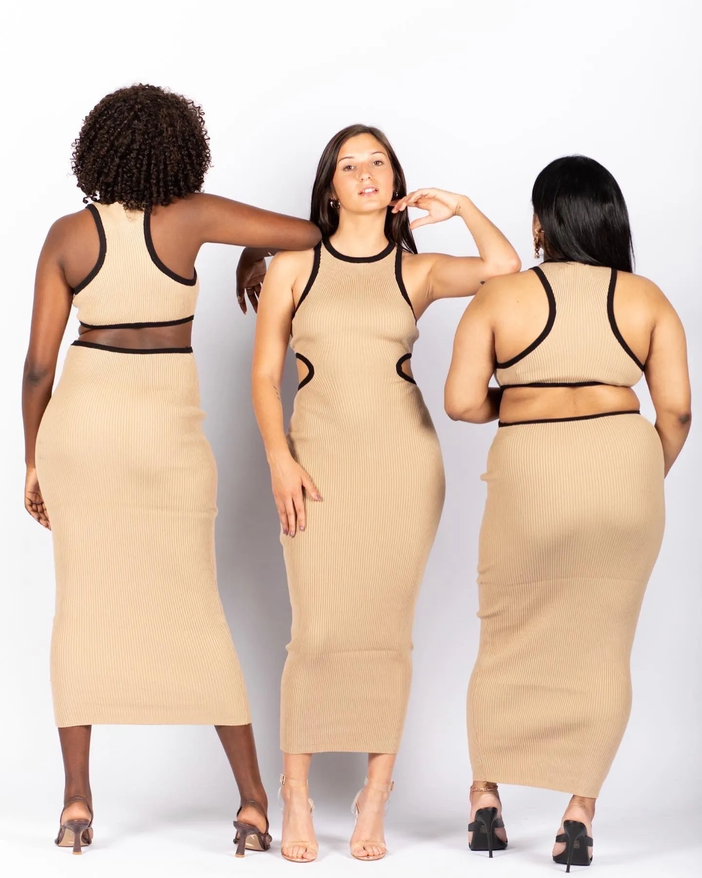 Joy cut out dress- Taupe midi length knit dress