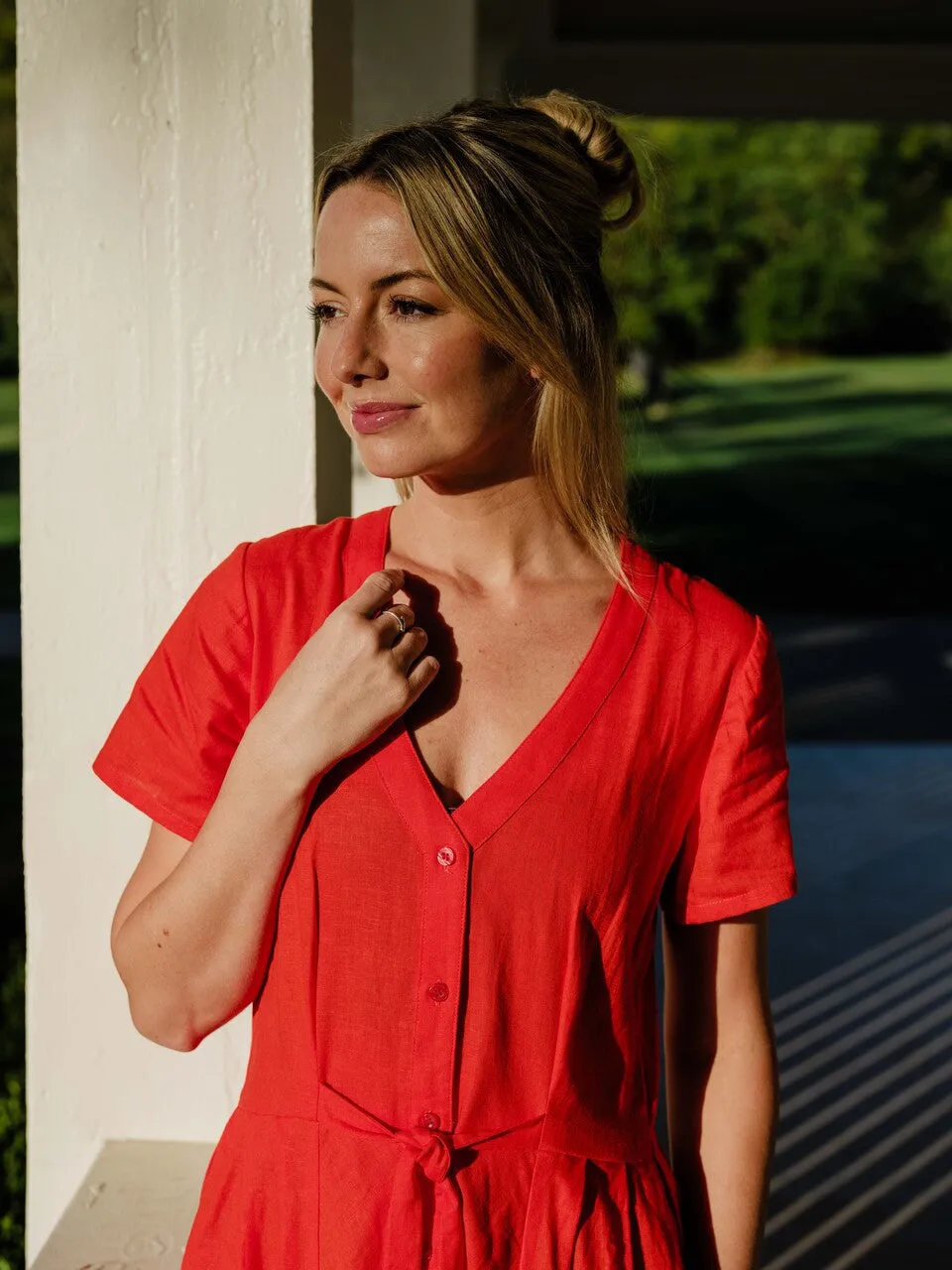 June Dress in Blood Orange Linen - S and M Left