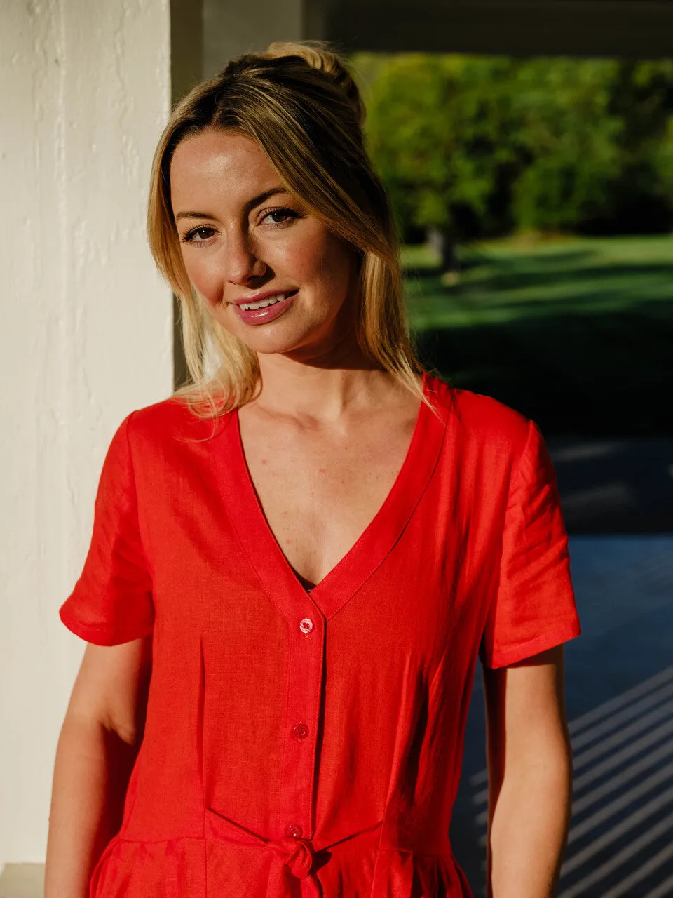 June Dress in Blood Orange Linen - S and M Left