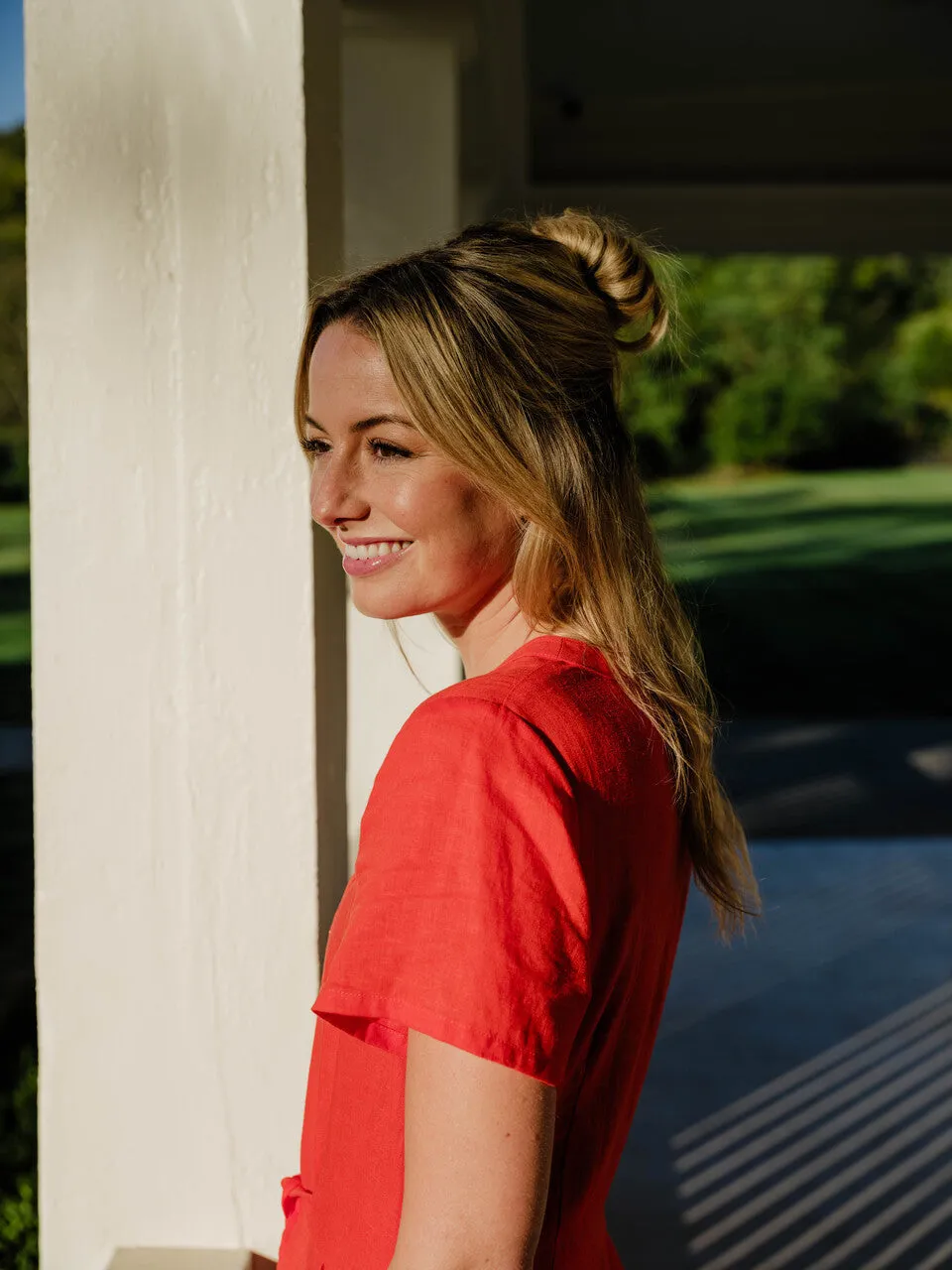 June Dress in Blood Orange Linen - S and M Left