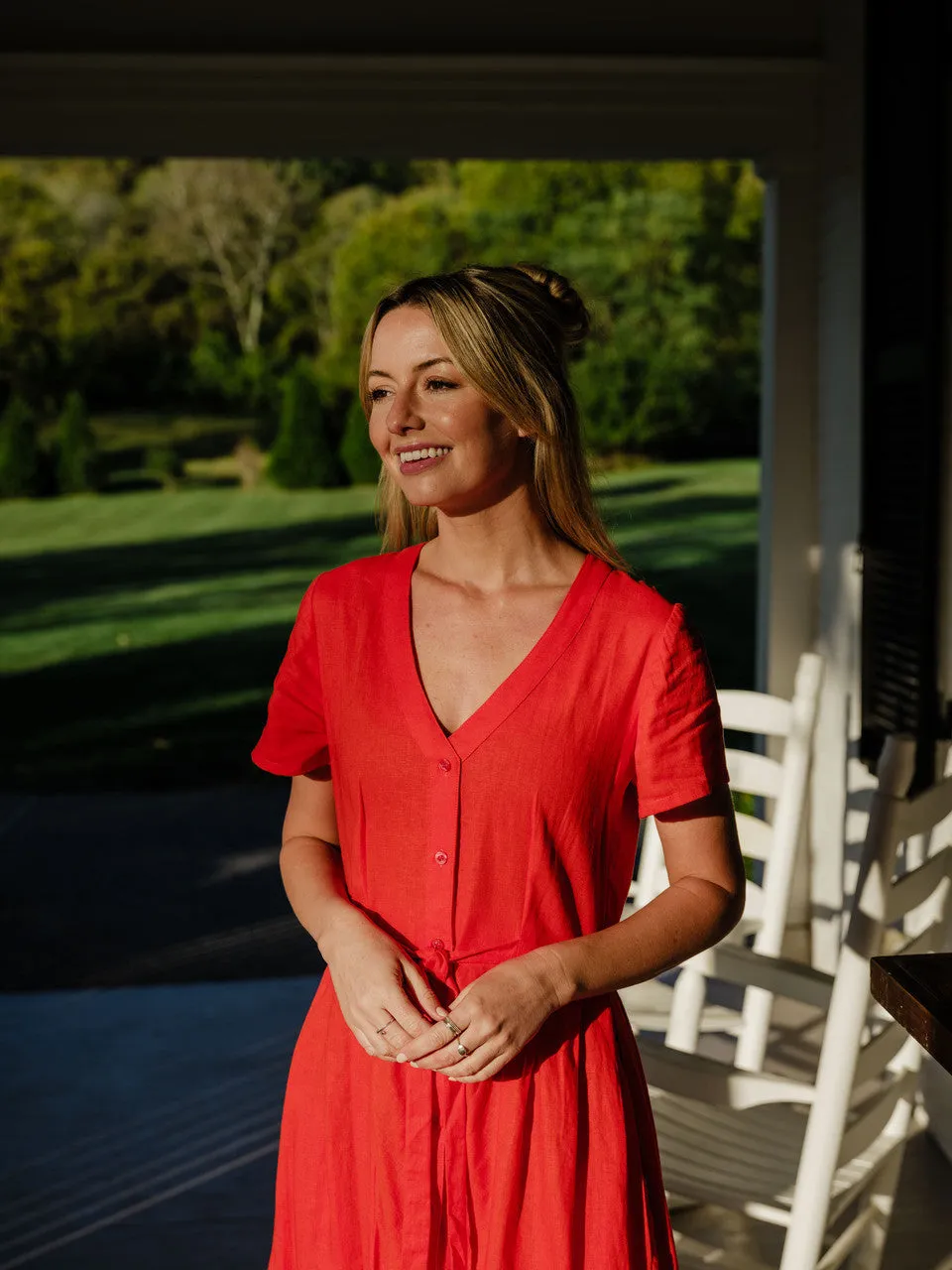 June Dress in Blood Orange Linen - S and M Left