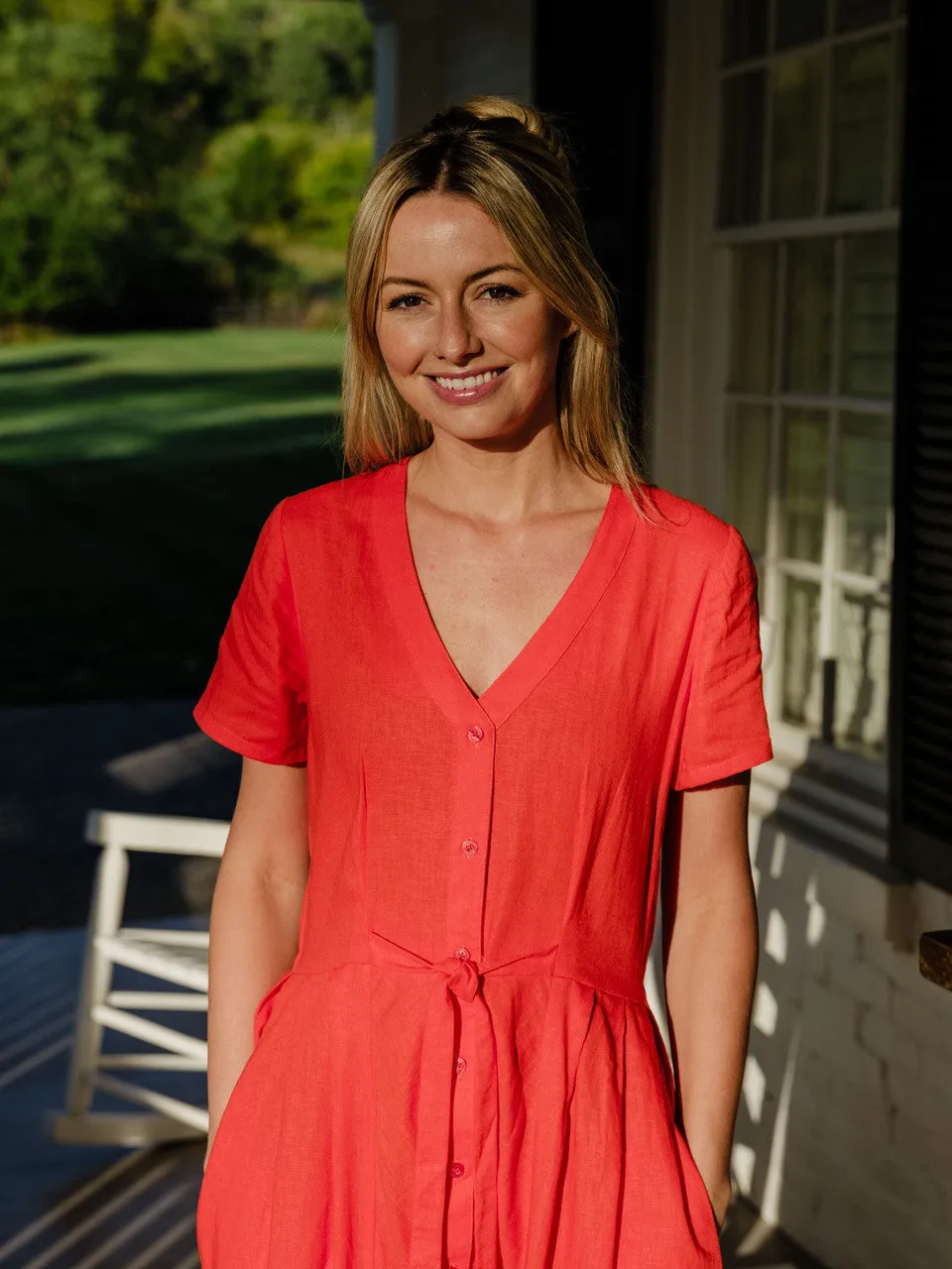 June Dress in Blood Orange Linen - S and M Left