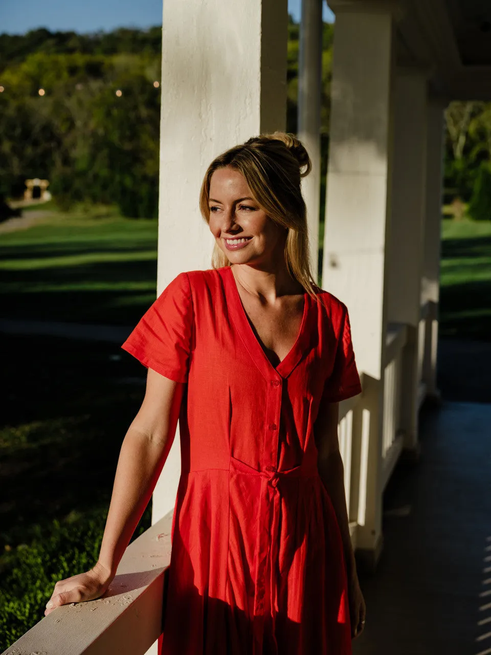 June Dress in Blood Orange Linen - S and M Left