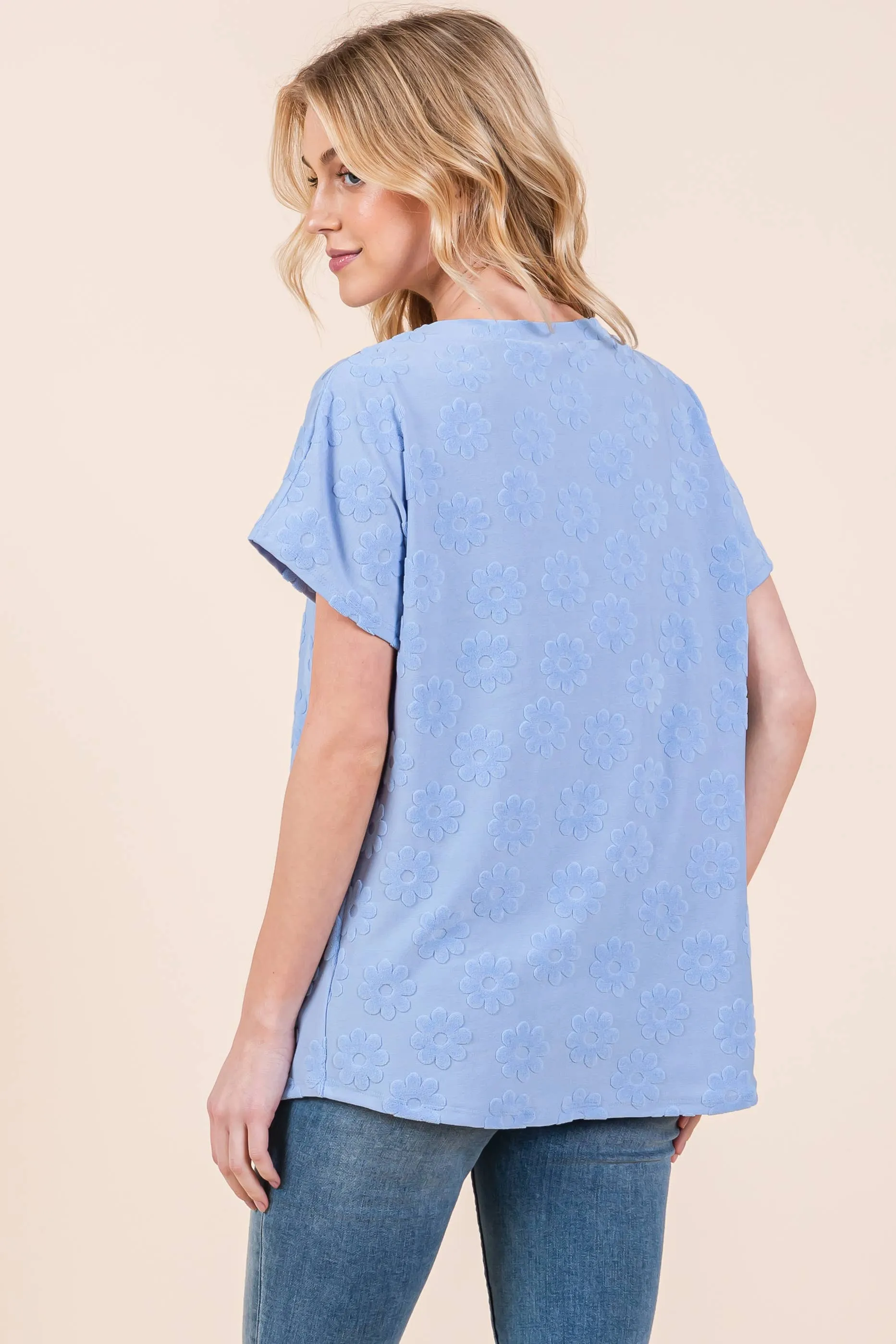 Light Blue Textured Floral Top