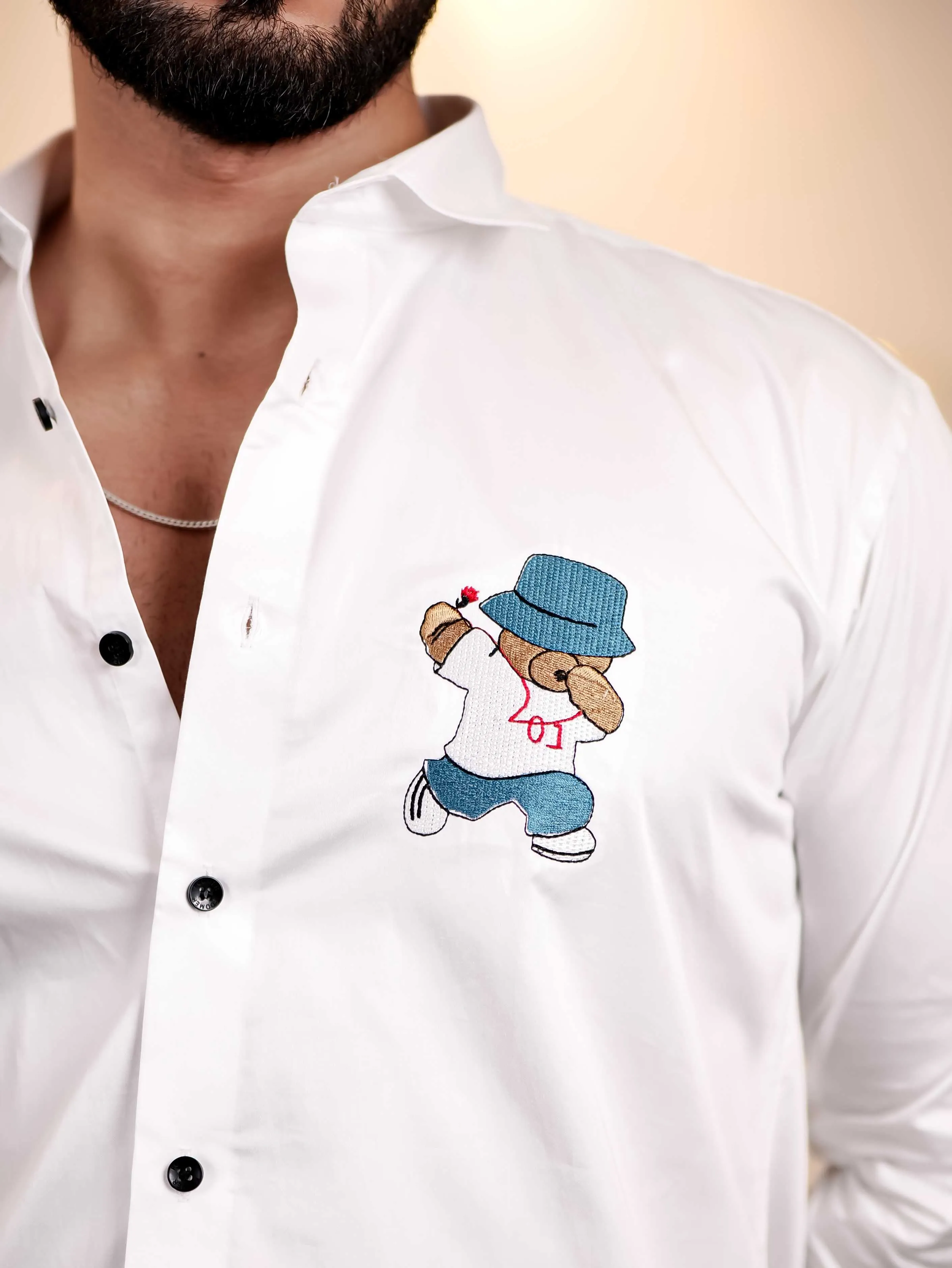 Love Teddy White Embroidered Club Wear Satin Cotton Shirt