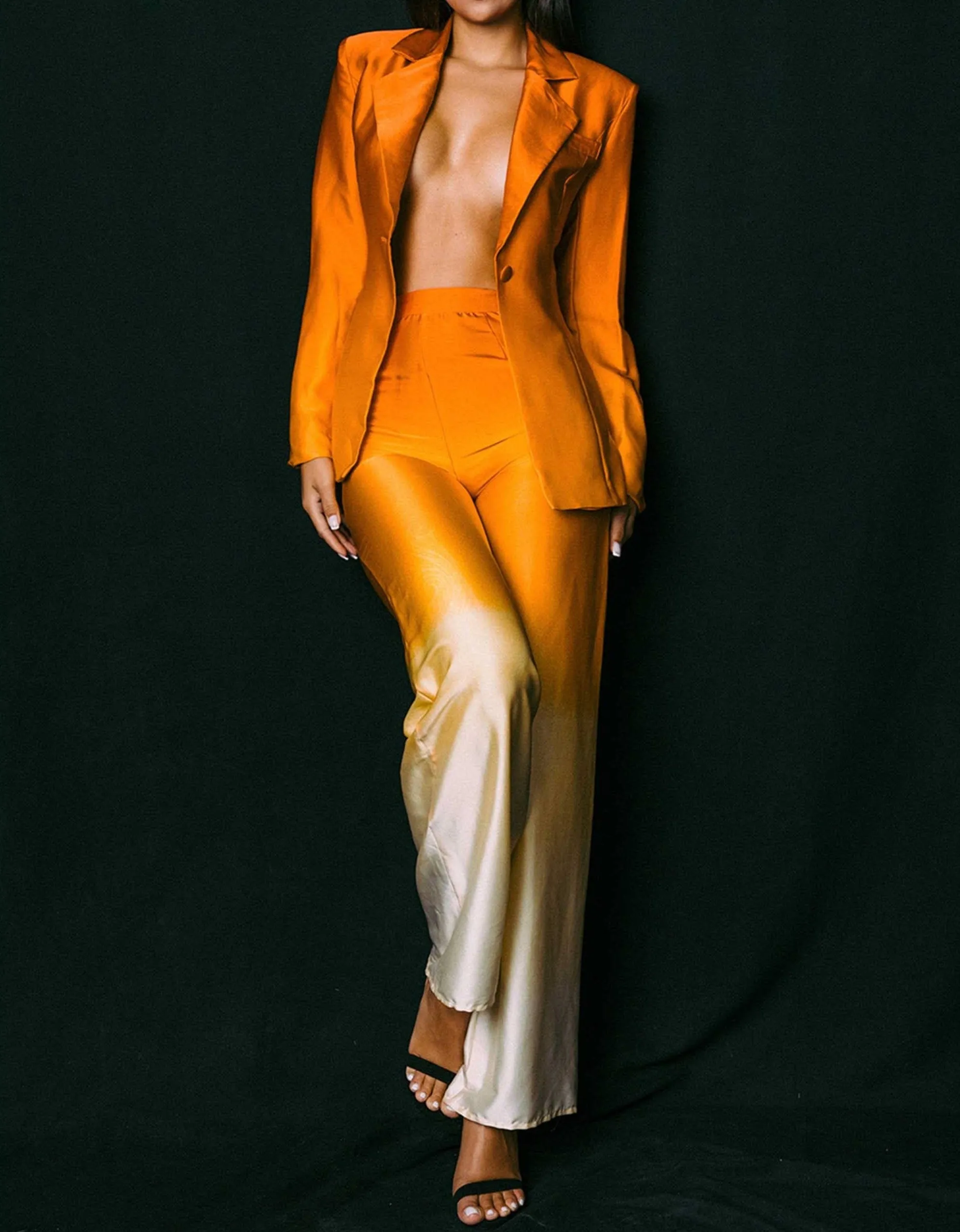 Ombre-Graphic Print Satin Blazer and Pants Set