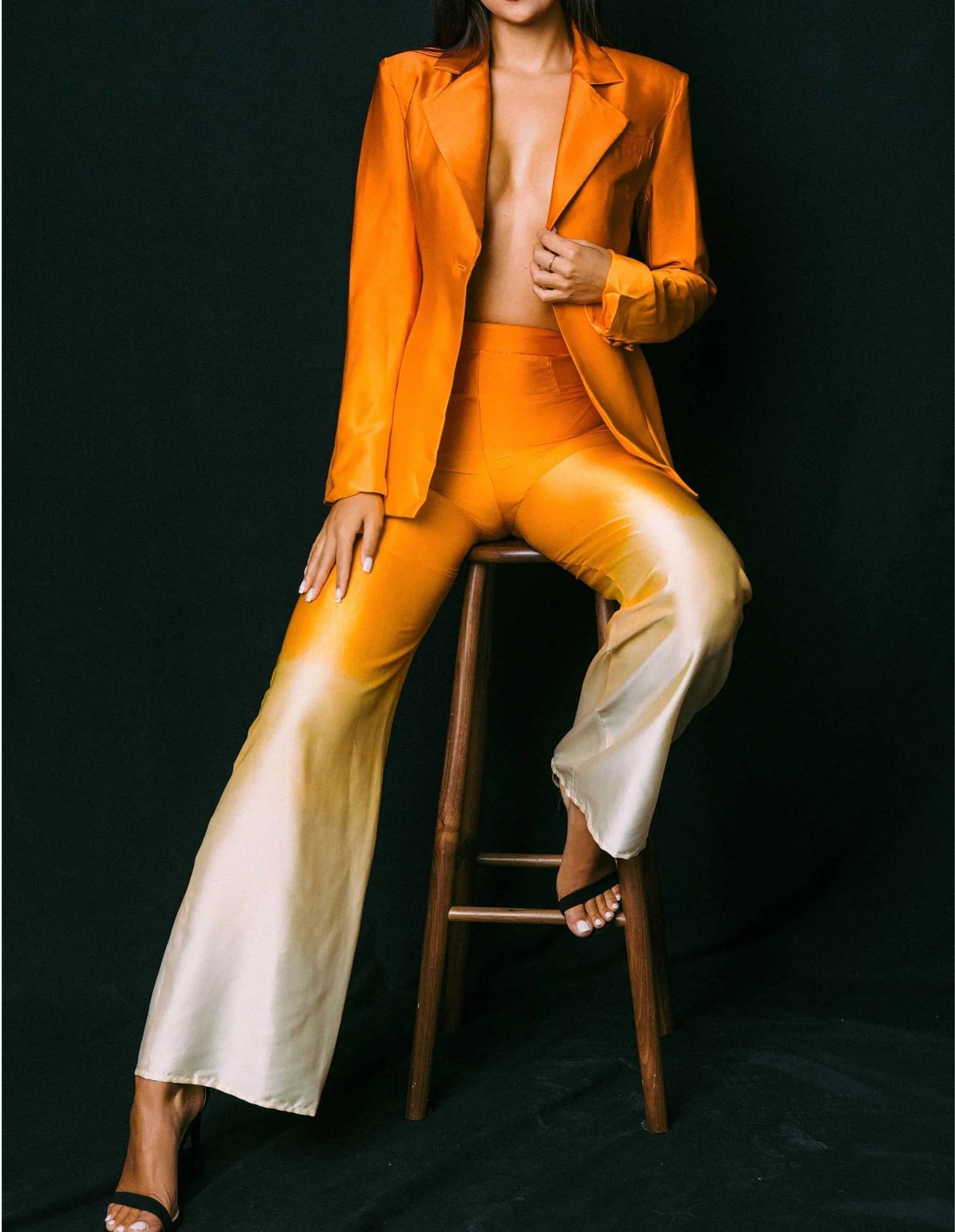 Ombre-Graphic Print Satin Blazer and Pants Set