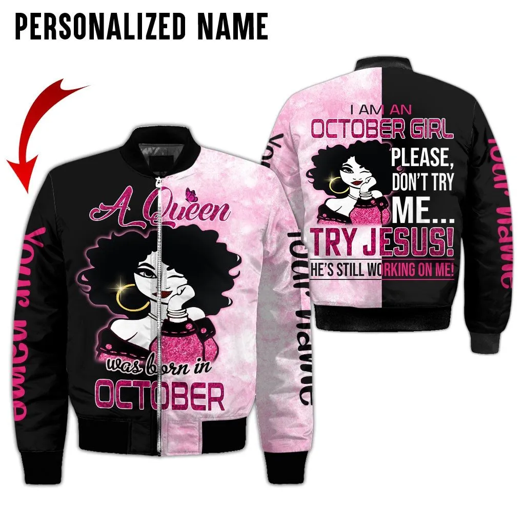 Personalized Name Birthday Outfit October Girl A Queen Try Jesus All Over Printed Birthday Shirt