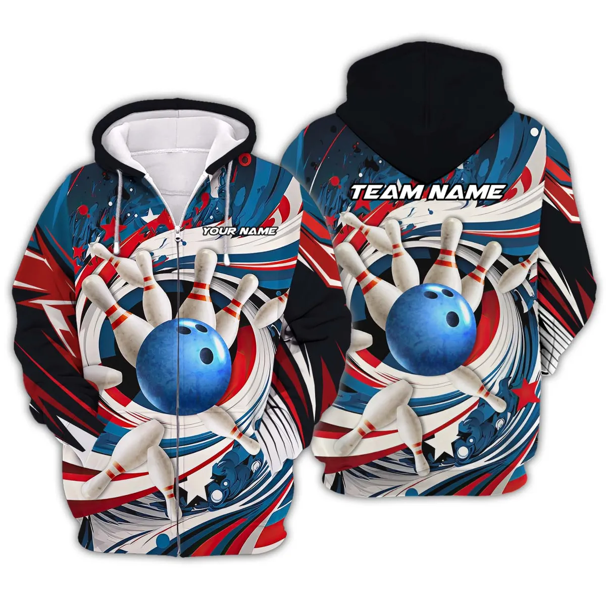 Personalized Name Blue Bowling Ball And Pins Water 3D Sweatshirt Hoodie, Gift for Bowler
