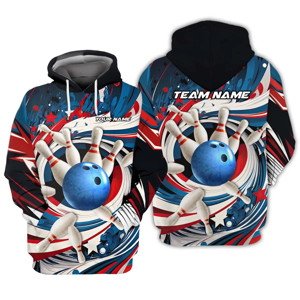 Personalized Name Blue Bowling Ball And Pins Water 3D Sweatshirt Hoodie, Gift for Bowler