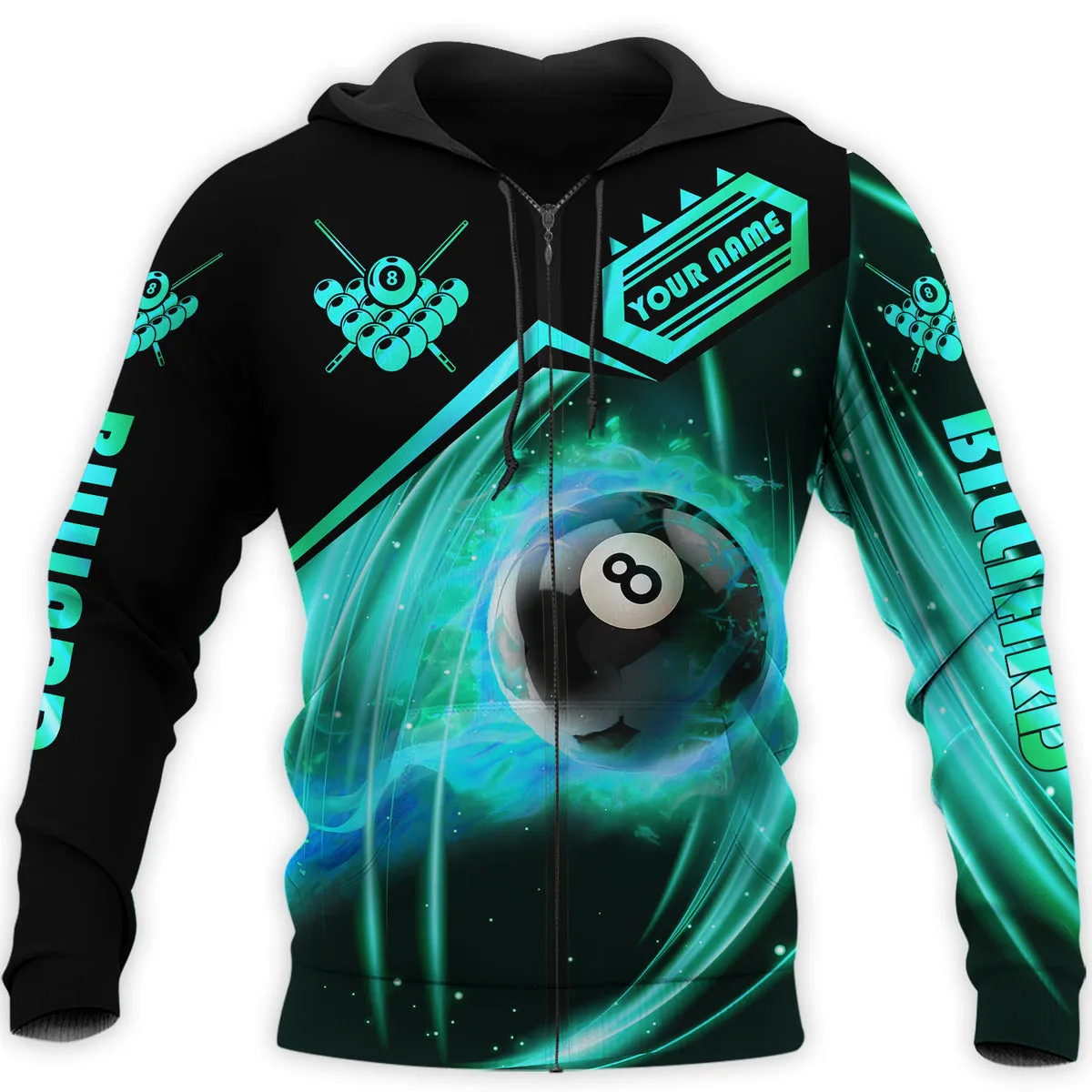 Personalized Name Guitar Green Billiard 3D Sweatshirt Zip Hoodie, Gift for Billiard Team
