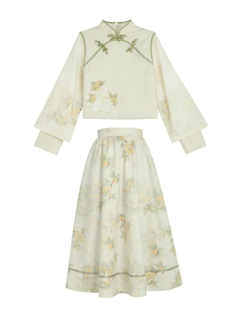 Piece China Suit Embroidery Two Rabbit Forest