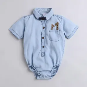 Polka Tots Half Sleeve Onesie Romper Denim Giraffe With Bow Tie Blue