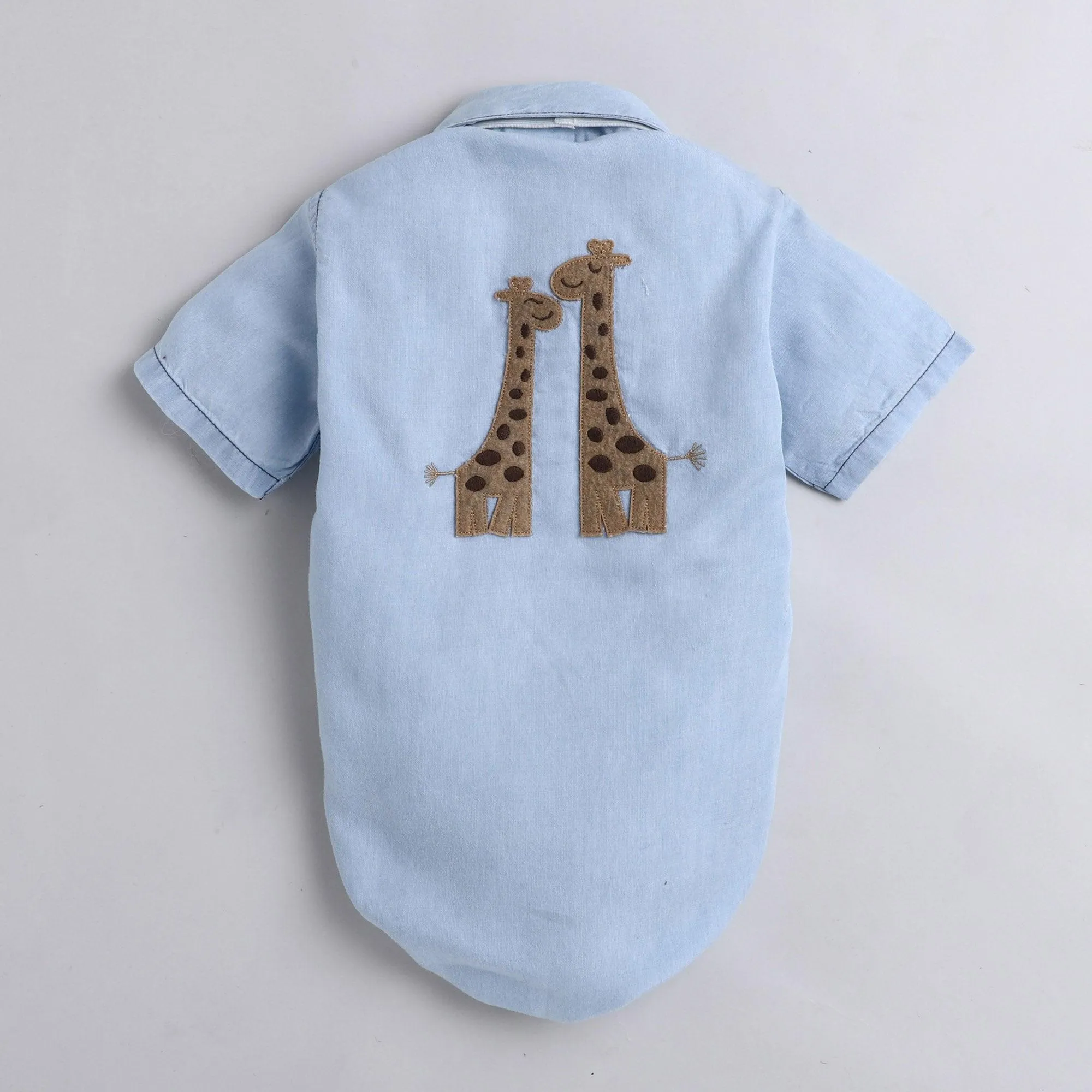 Polka Tots Half Sleeve Onesie Romper Denim Giraffe With Bow Tie Blue