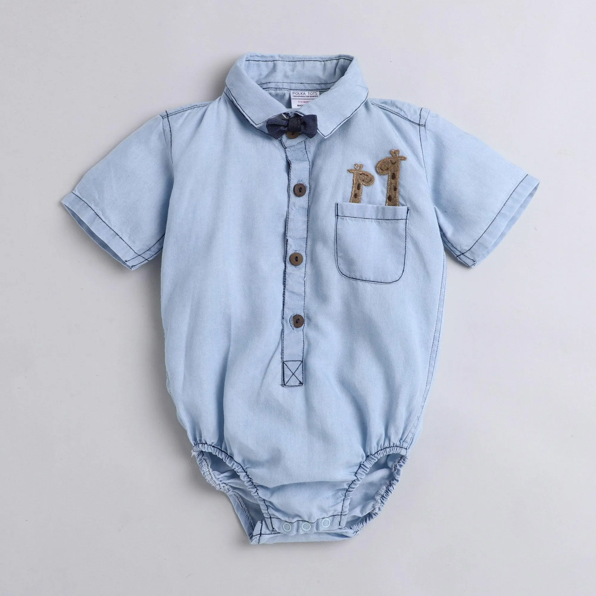 Polka Tots Half Sleeve Onesie Romper Denim Giraffe With Bow Tie Blue