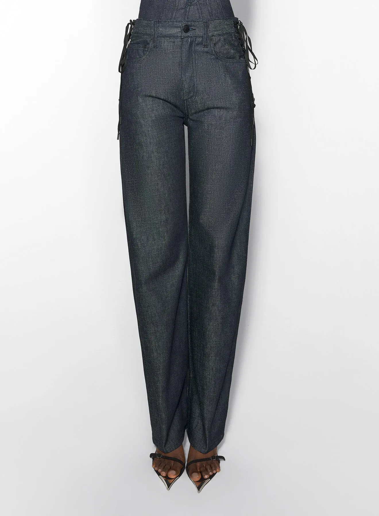raw blue laced-up straight leg jeans