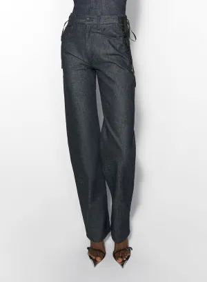 raw blue laced-up straight leg jeans