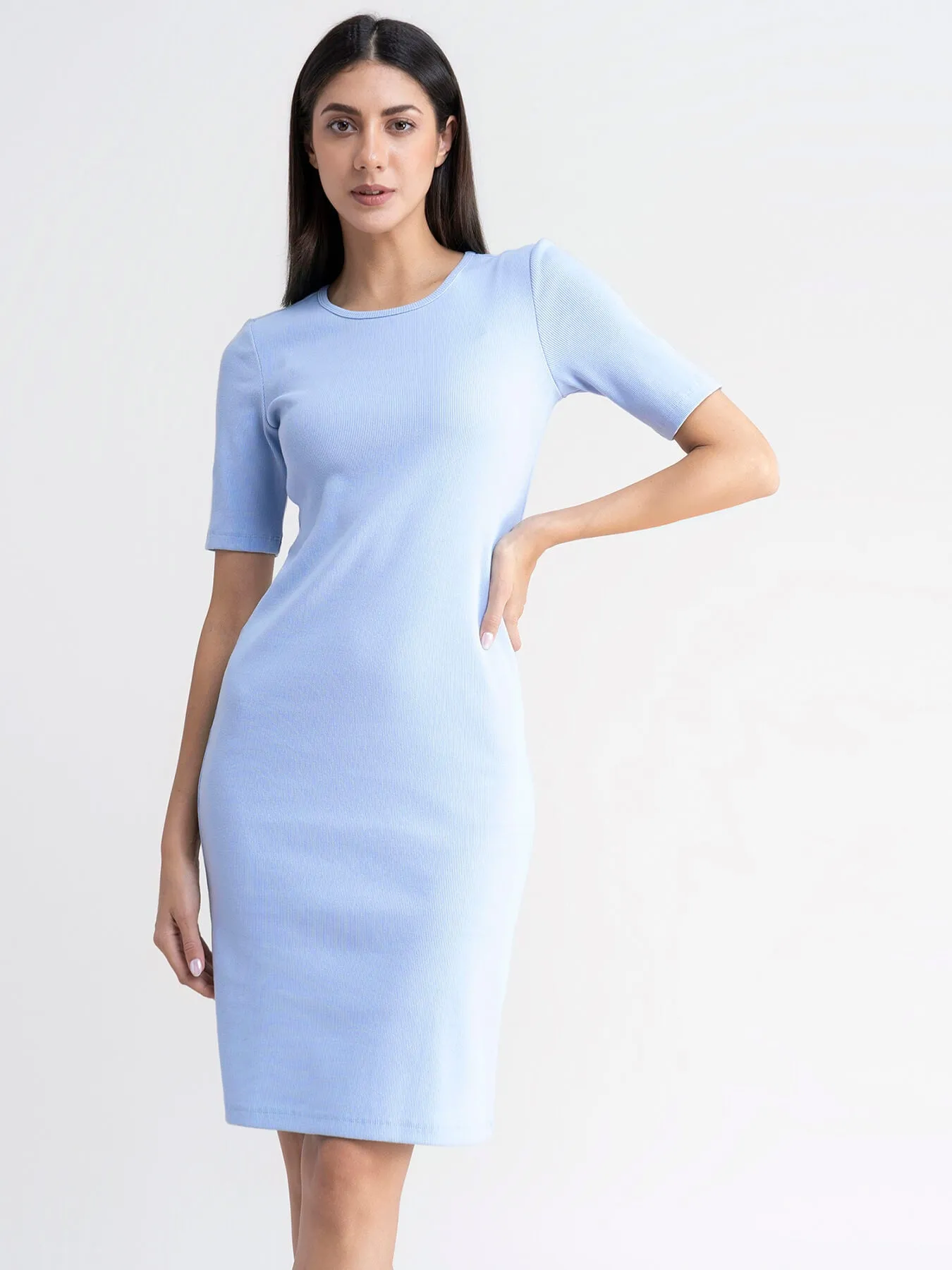 Ribbed Knit Bodycon Dress - Light Blue