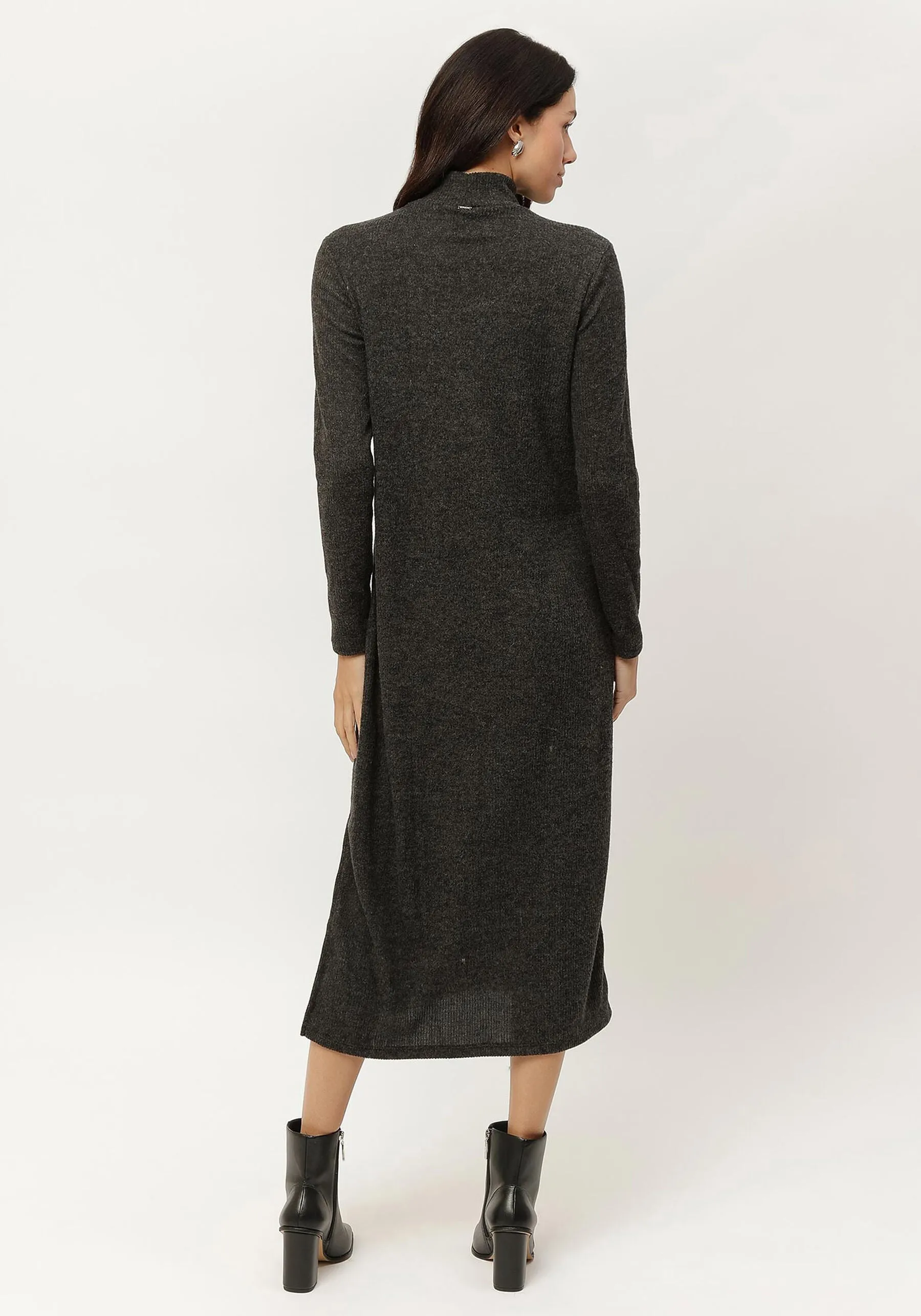 Ribbed Long Sleeve Midi Dress With Collar