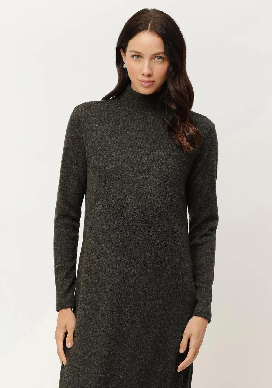 Ribbed Long Sleeve Midi Dress With Collar