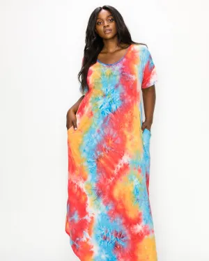 Ruby Tie Dye Maxi Dress | Aqua/Tangerine/Br Coral Tie Dye