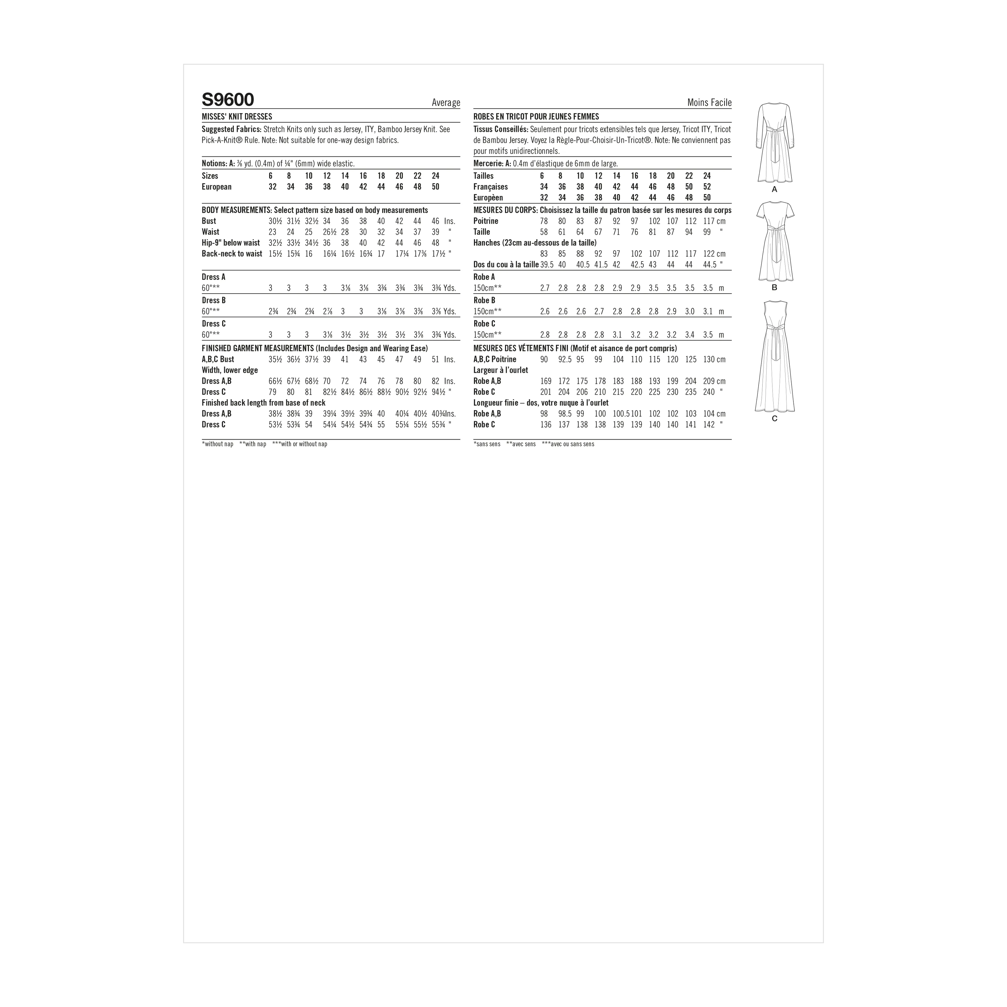 Simplicity Sewing Pattern S9600 MISSES' KNIT DRESSES