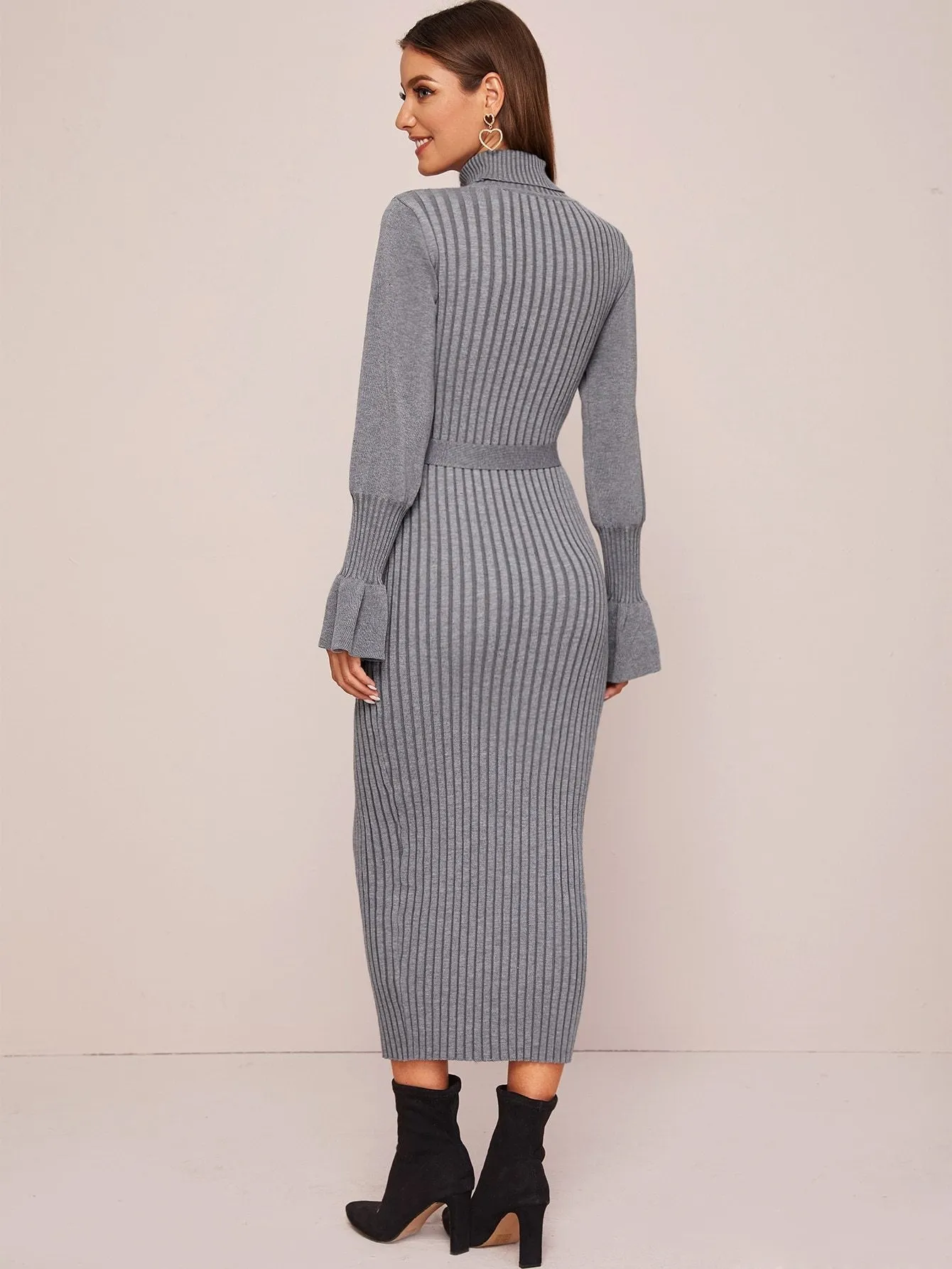Solid Turtleneck Belted Jumper Dress