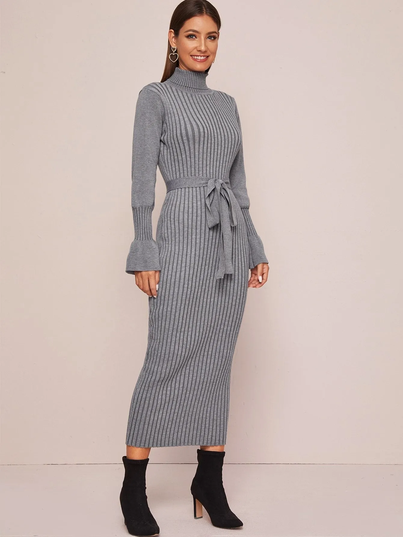 Solid Turtleneck Belted Jumper Dress