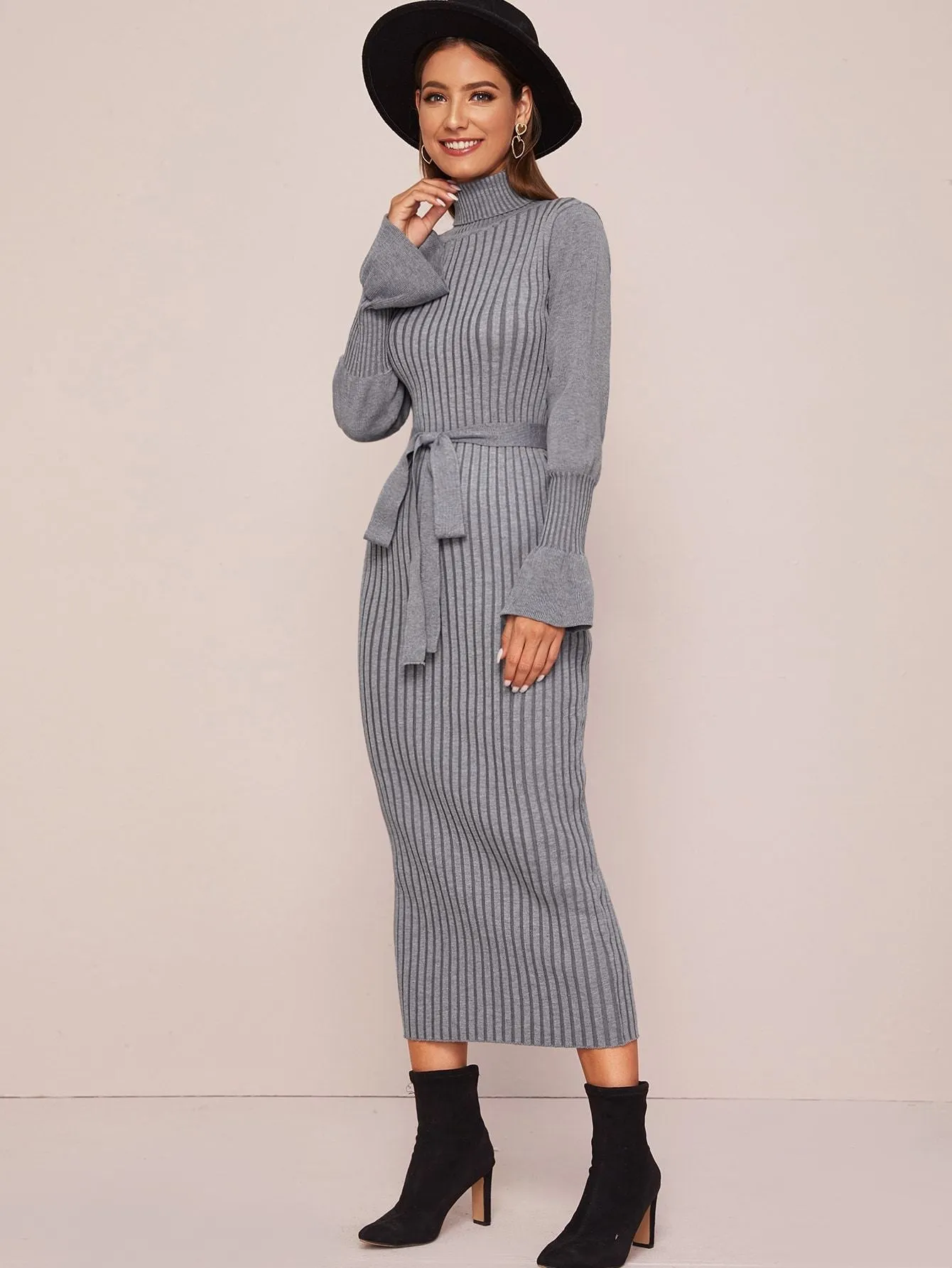 Solid Turtleneck Belted Jumper Dress
