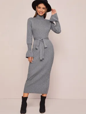 Solid Turtleneck Belted Jumper Dress