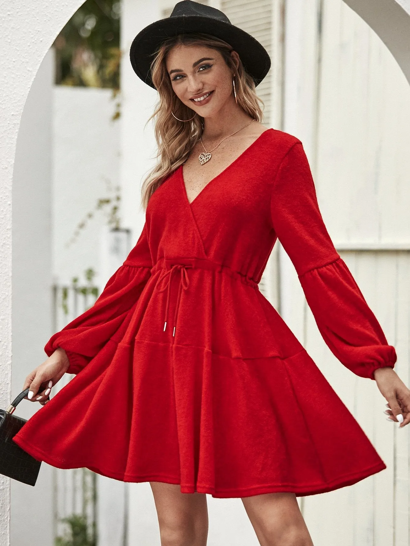 Solid Wrap Front Drawstring Waist Jumper Dress