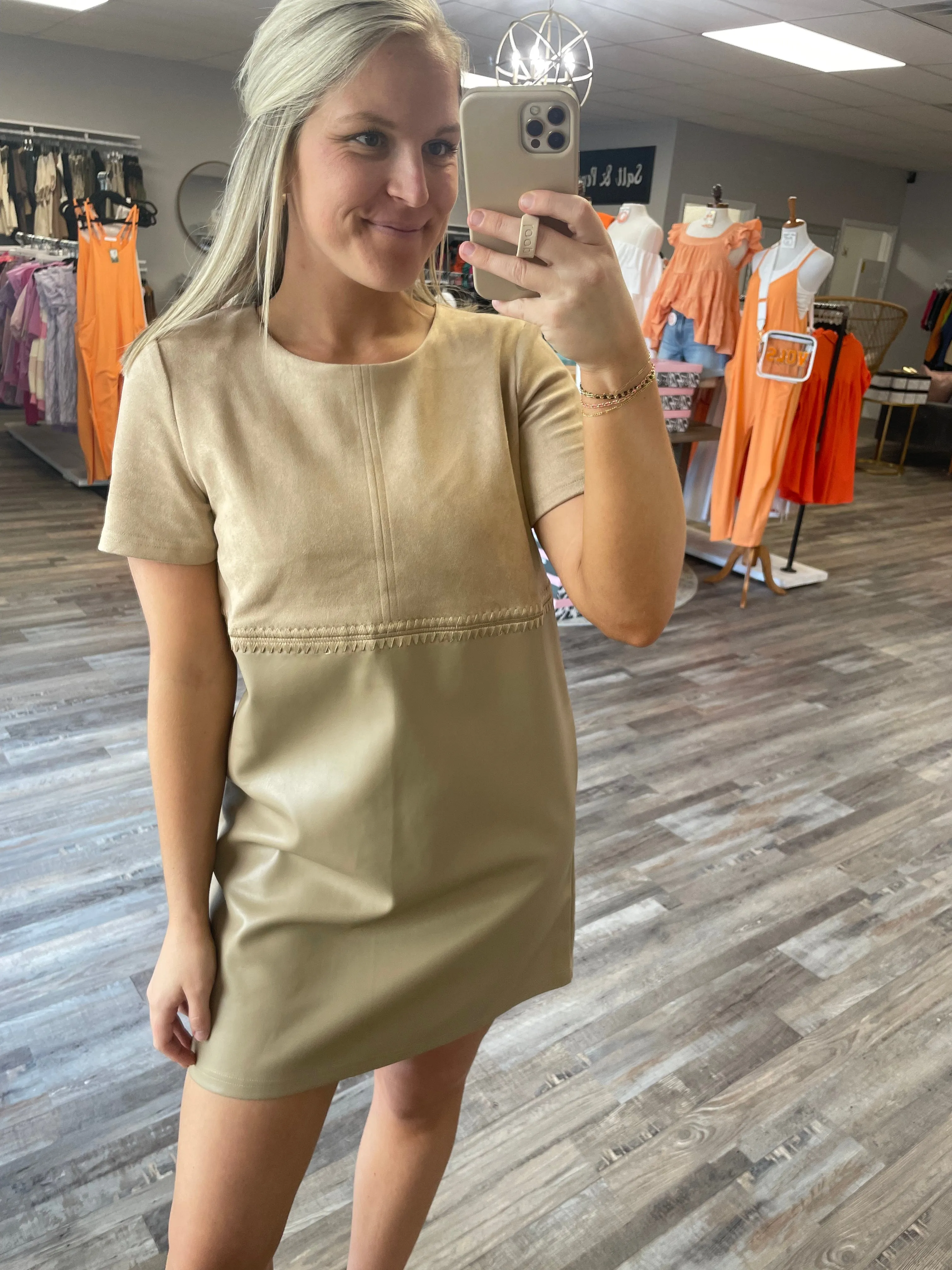 Suede & Leather Mini Dress - Beige