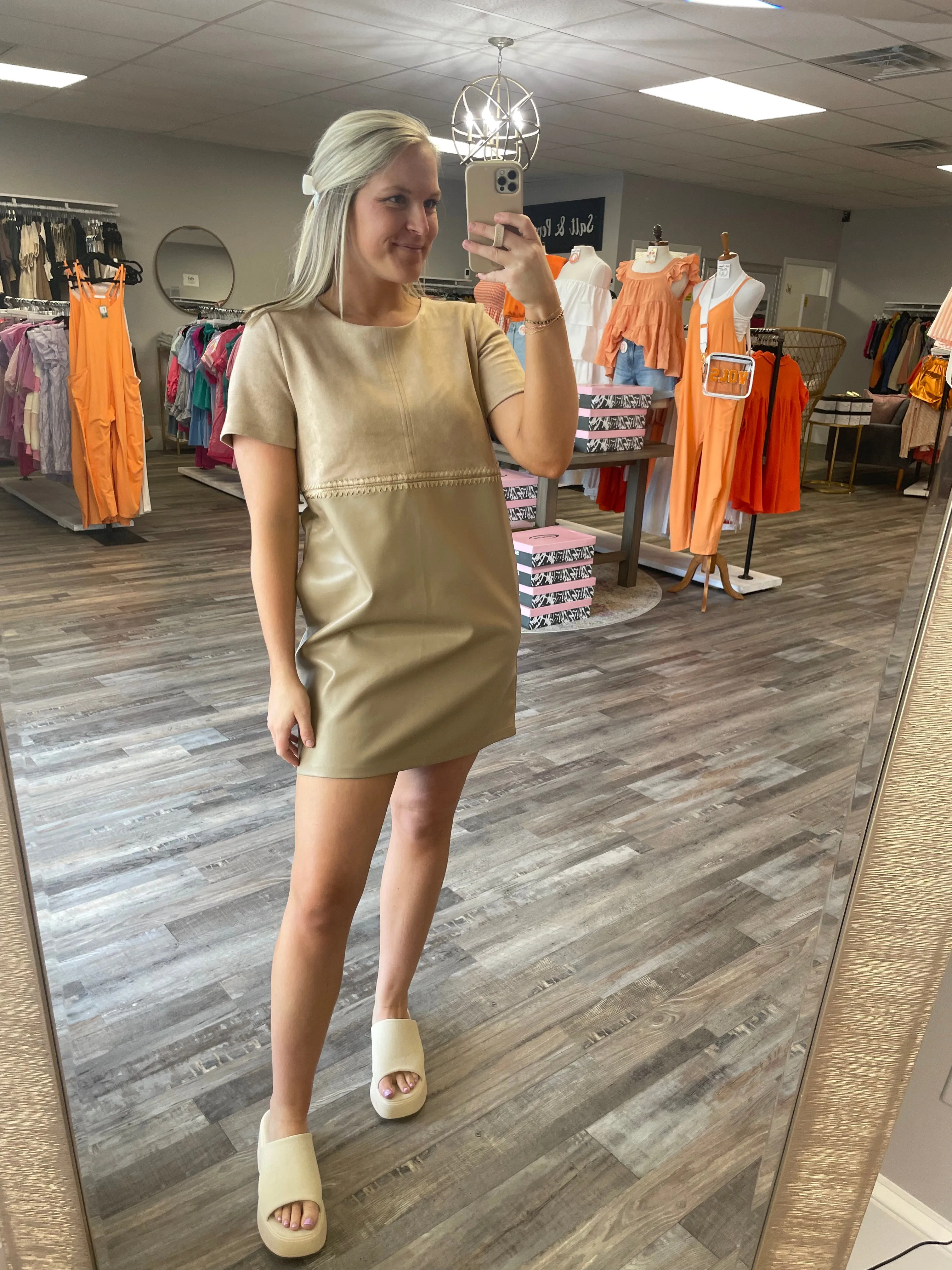 Suede & Leather Mini Dress - Beige