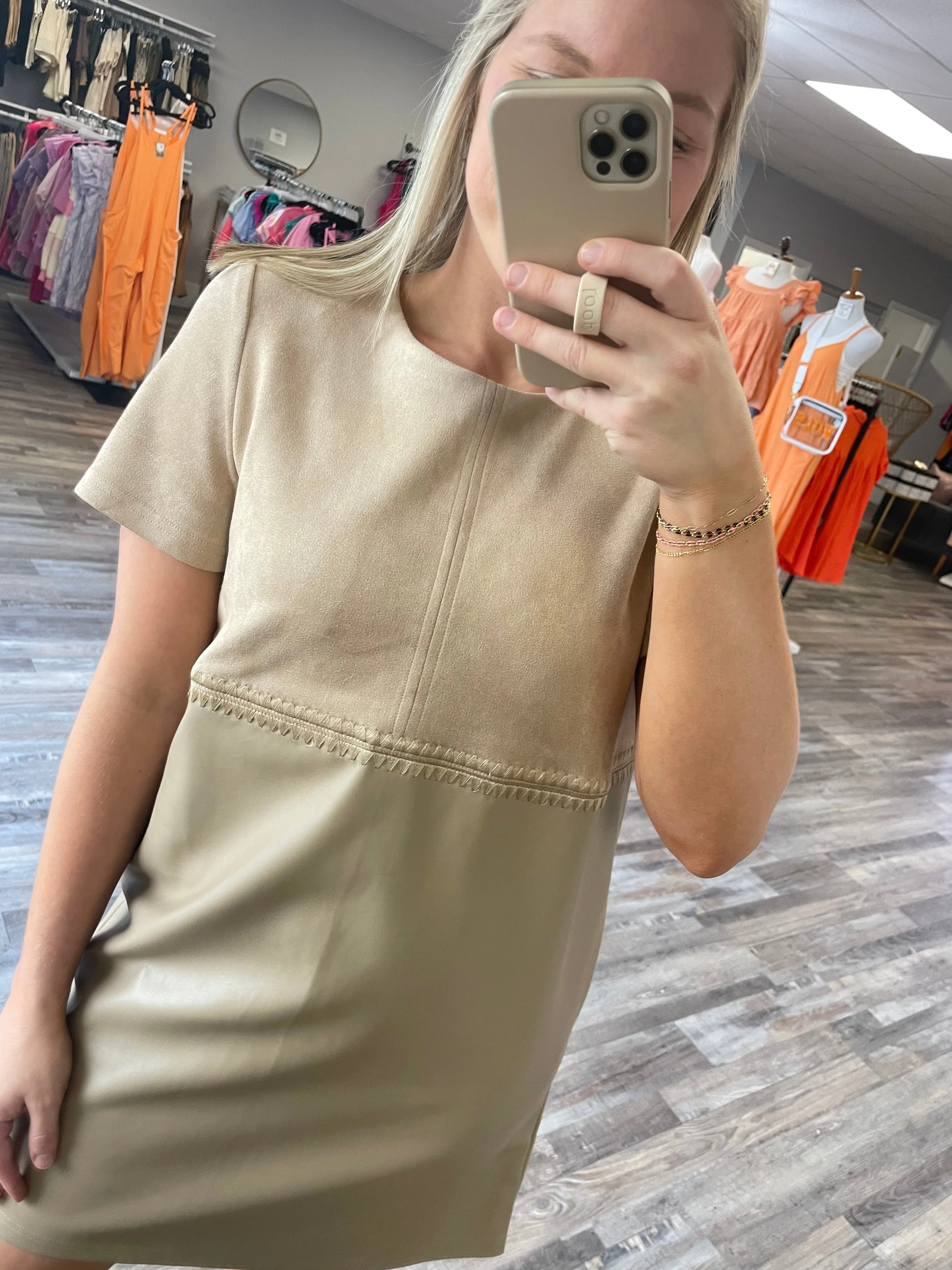 Suede & Leather Mini Dress - Beige