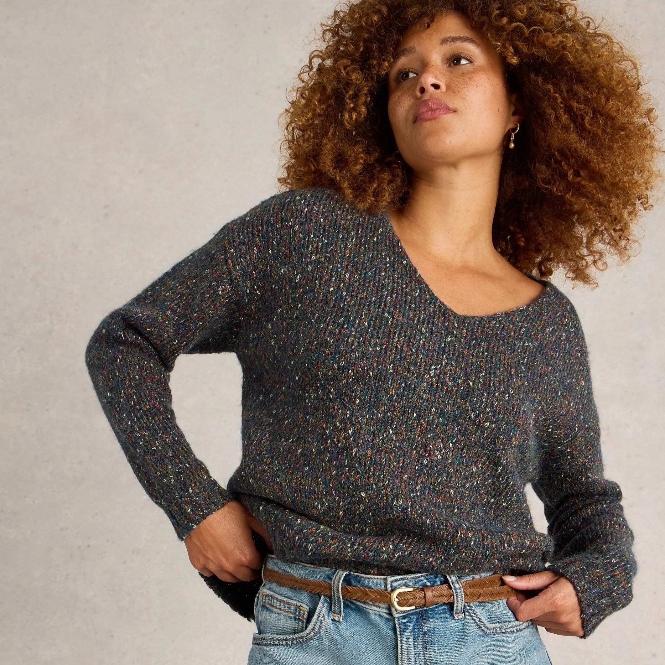Textured V-Neck Jumper - Teal Multi