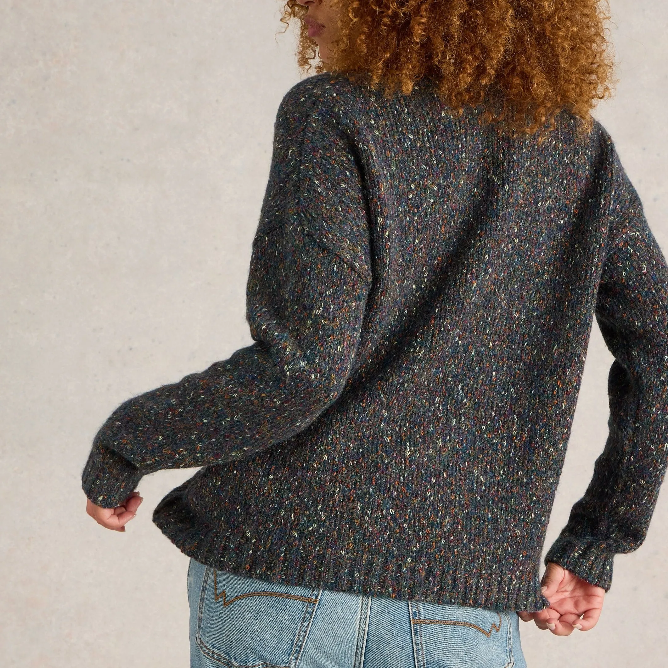 Textured V-Neck Jumper - Teal Multi