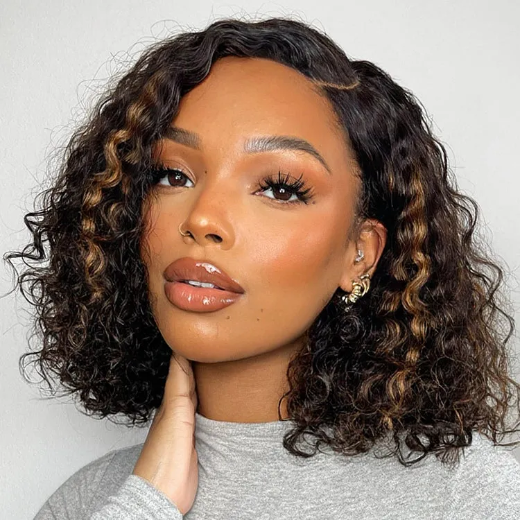 Weekly Special | Casual Blonde Highlights Curly Minimalist HD Lace Glueless C Part Short Wig 100% Human Hair Pre-cut Lace