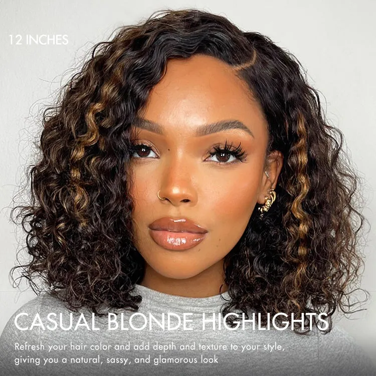 Weekly Special | Casual Blonde Highlights Curly Minimalist HD Lace Glueless C Part Short Wig 100% Human Hair Pre-cut Lace