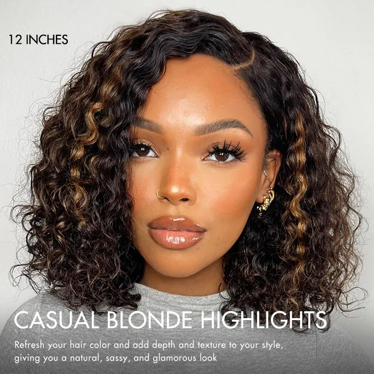 Weekly Special | Casual Blonde Highlights Curly Minimalist HD Lace Glueless C Part Short Wig 100% Human Hair Pre-cut Lace