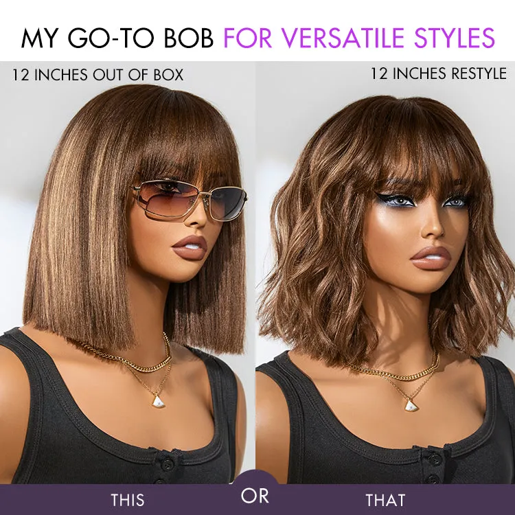 Weekly Special | Put On and Go Realistic Glueless Yaki Straight Bob with Bangs Minimalist Lace Wig 100% Human Hair