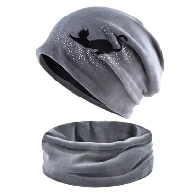Winter Hat Scarf Sets women's Beanies Knitted wool Skullies Hip Hop cap Rhinestone cat gorros Plus velvet warm hats for women