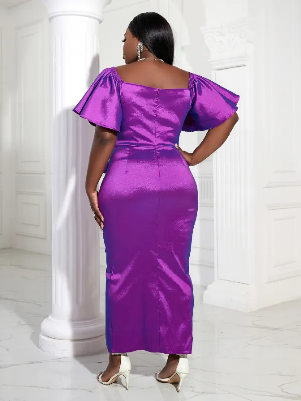 Women  Bodycon Purple Pleated Ruffled Party Dress