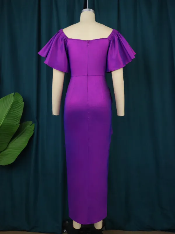 Women  Bodycon Purple Pleated Ruffled Party Dress